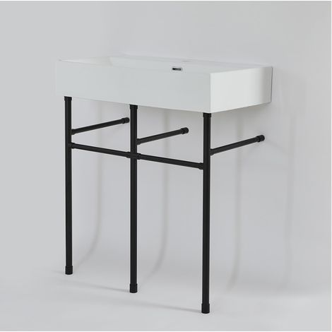 Milano Elswick White Ceramic Bathroom Basin Sink with One Tap Hole and Black Washstand - 750mm x 420mm (1/5)