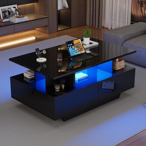 Tkopy - Table basse noir, table basse scandinave, table basse led, table basse salon, table basse avec rangement, avec 2 tiroirs, Dimensions 90 x 55 x 41 cm, style contemporain (1/5)