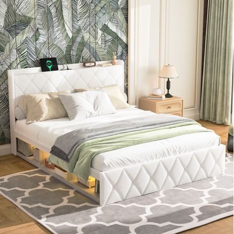 Cama doble tapizada con LED y USB blanca OKMYHOME (1/5)