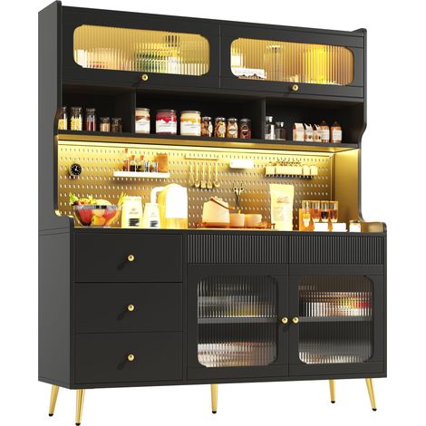 Armario Alto de Cocina con Puerta Elevable, LED RGB y Panel Perforado, de MDF y Vidrio, Negro, 145 x 39 x 171 cm (1/5)