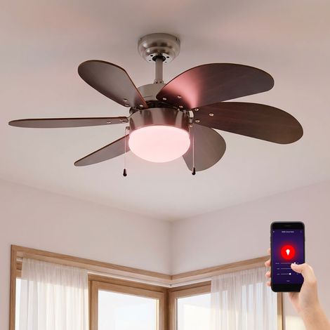 Ventilatore a soffitto con interruttore a tirare ventilatore avanti e indietro ventilatore a soffitto, legno marrone scuro, titanio, presa E14, DxH 75x36 cm (1/5)