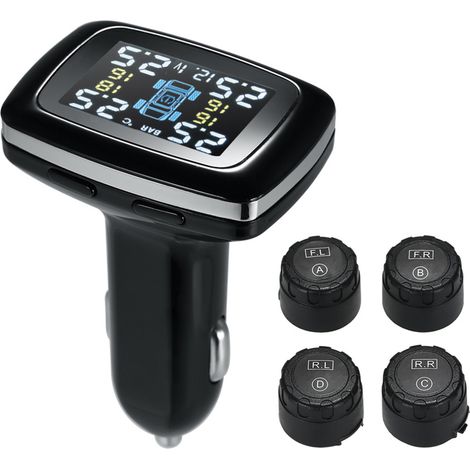 Sistema inalámbrico de monitorización de presión neumática TPMS con 4 sensores externos, pantalla LCD digital y alarma de seguridad. (1/5)