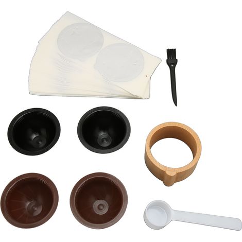 Kit de recharge de capsules de café comprenant 4 coupelles, 100 films d'aluminium, une brosse, une cuillère, un porte-capsules et des opercules en aluminium. (1/5)