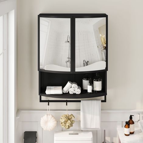 Meuble suspendu 60 cm à arche en verre – double porte, miroir incassable, double niveau de rangement, étagère ouverte et porte-serviettes : idéal entrée, salon, salle de bain ou salle à manger