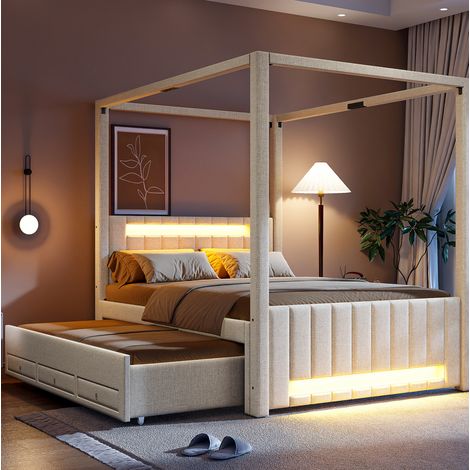 Cama con dosel tapizada 140x200 cm beige en lino y MDF con cama nido extraíble, 3 cajones y LED