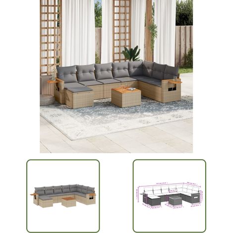 The Living Store 9-tlg. Garten-Sofagarnitur mit Kissen Beige Poly Rattan - Gartenmöbel Set - Esszimmergarnitur - Outdoor Möbel - Lounge Sofa - Rattan Gartenmöbel