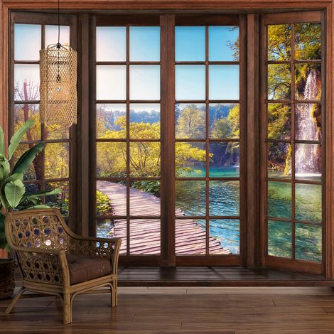 Papier peint panoramique Trompe l'oeil Fenêtre en bois - Ponton cascade - 130 cm x 104 cm (1/5)