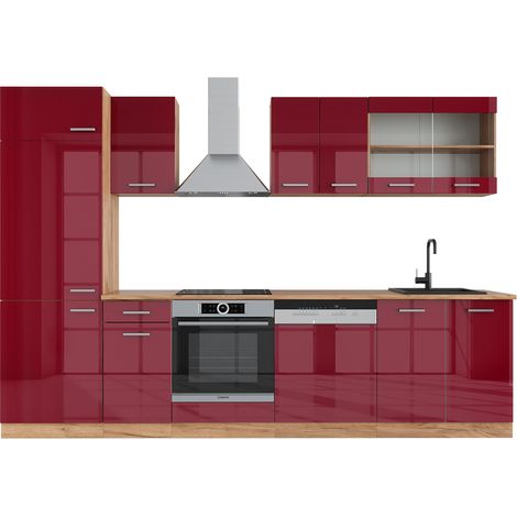 Cuisine R-Line, Rouge brillant/Chêne doré, 300cm , PT Chêne, Vicco