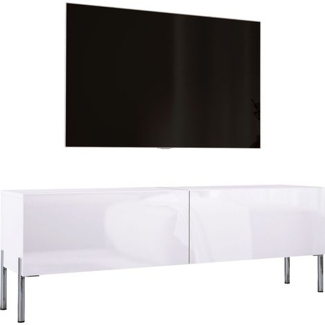 Meuble TV : Blanc Mat / Blanc Brillant, pieds Chrome, 140 x 52 x 32 cm (1/5)