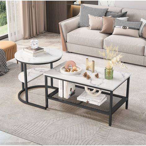 Couchtisch-Set (90x57x11 cm), nestbar, mit Ablage, Marmoreffekt, Holz und Edelstahl, Schwarz (1/5)