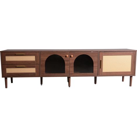 Meuble TV marron 180 cm avec 2 tiroirs en rotin, 3 portes dont 2 vitrées cintrées, éclairage LED (1/5)