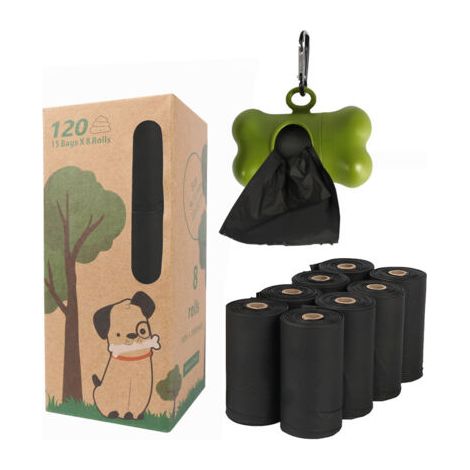 BUNTHAUS 8 Rouleaux Noirs Solides Sacs à Déchets Biodégradables pour Animaux de Compagnie + Distributeur d'Os, Amidon de Maïs PLA Compostable Poop Pickup Doggie Bags (1/5)