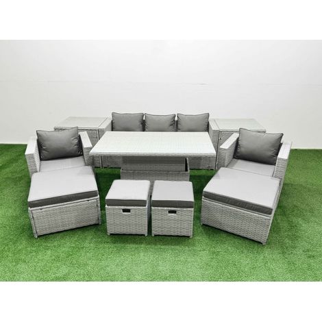 Fimous 10 PCs Rising Dining Table Set Rattan Furniture Set with 3 Seater Sofa Chair 2 Big Footstools 2 Small Footstools 2 Side Tables Light Grey (1/5)