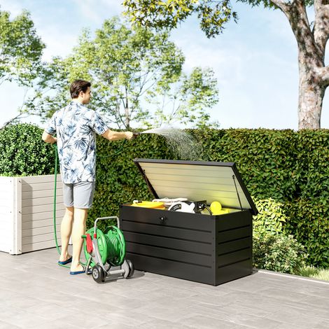 Gartenbank mit Aufbewahrungsmöglichkeit und Schlüssel, moderne Stahltruhe, Grau, 120 x 62 x 62 cm