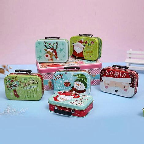 Boîte à bonbons de Noël en fer-blanc avec motif Père Noël mignon et anse (1/4)