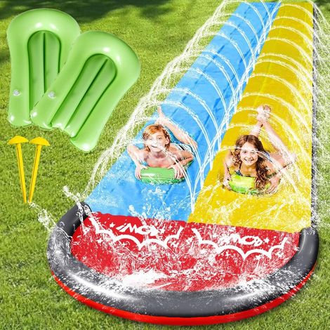 Doppelte Wasserrutsche (480 cm) für den Rasen, inklusive 2 aufblasbaren Brettern und Sprinkleranlage, für Kinder und Erwachsene, für sommerlichen Wasserspaß im Garten (1/5)