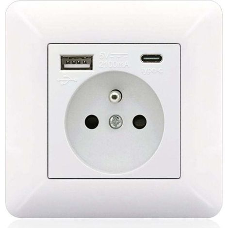 Französische Typ-C + USB 16A Typ 86 Steckdosenleiste, Anzahl der Buchsen: 2 Löcher, Anzahl der USB-Anschlüsse: 1, Anzahl der Typ-C-Anschlüsse: 1, sicher und fest (weißer Bogen) (1/4)
