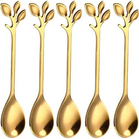 Ensemble de 5 cuillères à café. Mini cuillères à café en acier inoxydable. Cuillères à dessert en forme de feuille. (1/5)