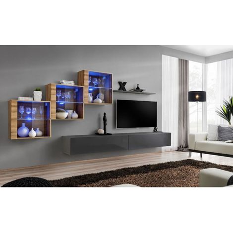 Ensemble mural - Switch XX - 3 vitrines - 2 bancs TV - 1 étagère - Bois et graphite - Modèle 1 - Livraison gratuite