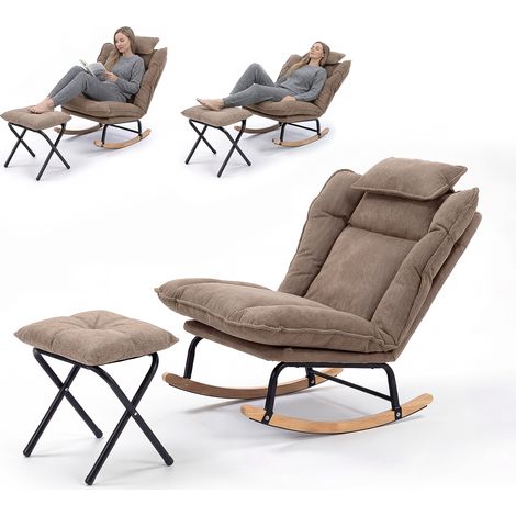 Fabulcozy Schaukelstuhl aus Cord mit Fußstütze, Stillstuhl mit Kopfstütze, 3-fach verstellbare Rückenlehne, abnehmbares Kissen mit Klettverschluss, Massivholzgestell – Wohnzimmer/Balkon, 81 × 80 × 84