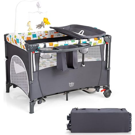 COSTWAY 5-in-1-Babybett mit Wickeltisch, 2 Ebene Babyreisebett mit 3 Spielzeug & Musikbox & Aufbewahrungstasche, 4-stufig verstellbares Beistellbett für Baby mit Rollen & Tragetasche (Grau)