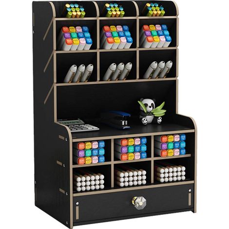 Organiseur de bureau en bois avec tiroir, grande capacité - Boîte de rangement pour stylos à faire soi-même - Organiseur de bureau pour fournitures de bureau, maison et scolaires (B16-noir) (1/5)