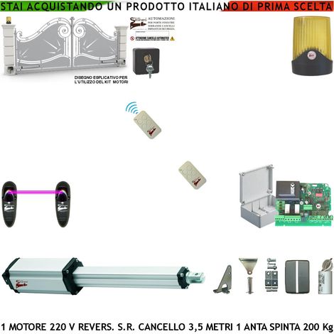 Cancello Elettrico da 3,5 Metri Kit Ricambio Automatismo Motore Elettromeccanico 230 V Stelo Retrattile Reversibile Corsa 600 mm Spinta 250 Kg Centrale Fotocellule 2 Radiocomandi Faro Selettore (1/4)