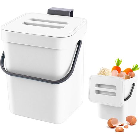 Petit Seau à Compost de Cuisine, Poubelle à Suspendre pour Plan de Travail, Récipient Bio avec Couvercle, Composteur Intérieur, 3 L, Blanc (1/5)
