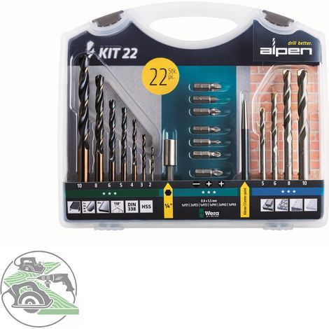 Alpen Bohr- und Schraubset KIT 22 mit Kunststoffkoffer 22-tlg MZ-Set, Bits (1/2)