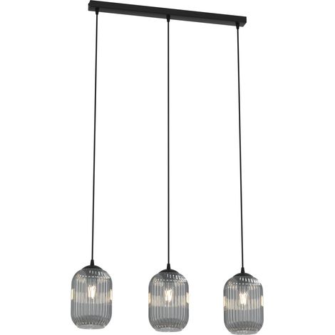 Lampadario 3 Luci Verdi In Acciaio Nero E Vetri Plissettati Fumè (1/5)