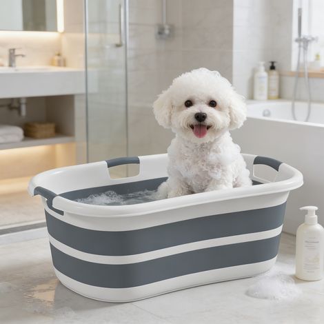 Bañera para perros, plegable y portátil con orificio de drenaje, para perros pequeños y cachorros, color gris.