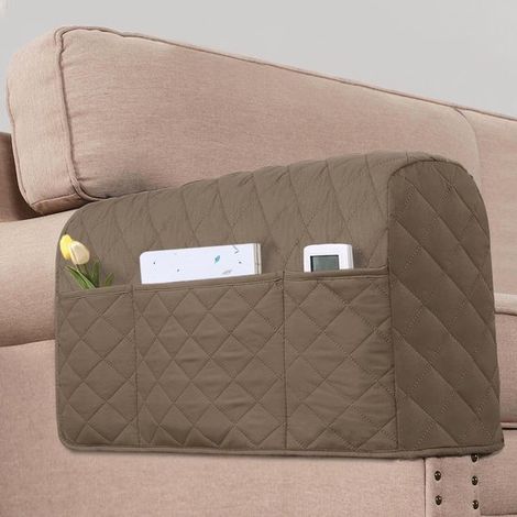 Fundas para reposabrazos de sofá (2 unidades), Funda elástica para sofá, Con 3 bolsillos, Aptas para la mayoría de sofás, Marrón oscuro (1/5)