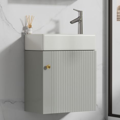Lavabo 46x26x56 cm, avec meuble de rangement, motif en relief, MDF, poignées en métal, suspendu, meuble de salle de bain - Gris