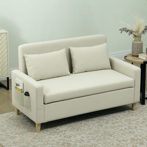 Sofá de 2 Plazas Tapizado en Lino Sintético con Espacio de Almacenaje 2 Almohadas y Patas de Madera 135x71x84 cm Beige (1/5)