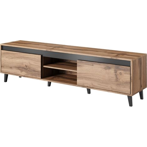 Bestmobilier – Meuble TV industriel 170 cm – Effet bois et noir – Panneaux de particules vernis – Résistant à l'humidité et aux rayures