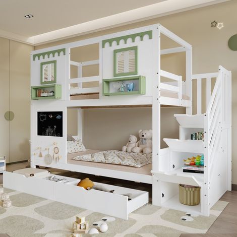Kinder-Etagenbett 90 x 200 cm – Stauraumtreppe, Tafel und 2 Schubladen – aus Kiefer und MDF in Weiß und Grün (1/5)