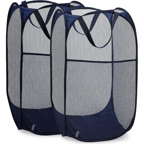 Panier à linge pliable en maille avec large ouverture et poche latérale – Respirant, robuste et peu encombrant pour le rangement des vêtements. (Bleu Lot de 2)
