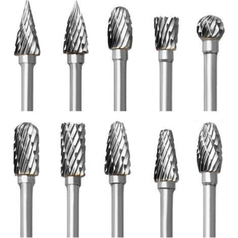 Jeu de 10 fraises carbure à double coupe pour Dremel – Accessoires de gravure, fraisage, perçage et polissage sur bois, métal et plastique – Tige cylindrique 3,2 mm