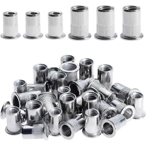 Bardusch-100 Pièces Rivet Ecrou M6 M8, Écrous à Rivets en Acier Inox, Tête Plate Ecrou Insert Assortiment Kit pour Bois Meubles, Ecrou M6 Ecrou M8, Chaque Taille 50 Pièces (1/4)