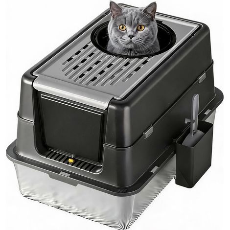 Litière pour Chat XL en Acier Inoxydable – Couvercle Rabattable à 180° – Antiadhésif, Bord Haut, contrôle des odeurs, Facile à Nettoyer, Pelle Incluse – Deep Black, 60 x 40 x 43,5 cm, Noir (1/5)