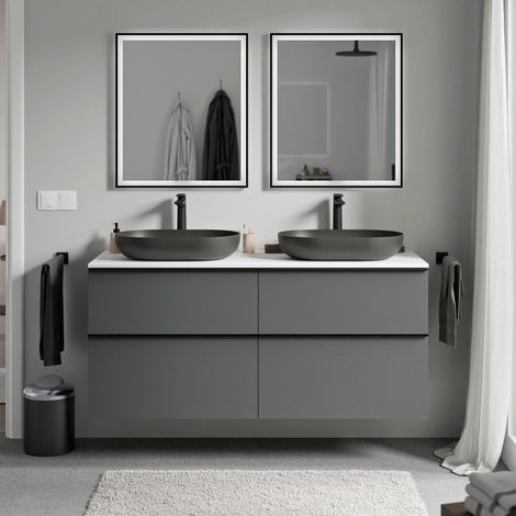 BERNSTEIN - Mobile lavabo sospeso MDF antracite opaco, piano lavabo bianco opaco, maniglia cromata - 140x46x62cm - LAVOA	Antracite opaco, cromo, Bianco opaco