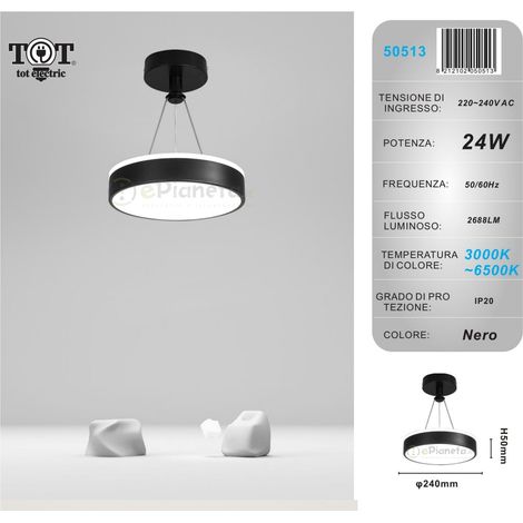 Lampadario a sospensione led 24w cerchio tondo circolare design moderno bianco oro nero luce fredda calda Nero