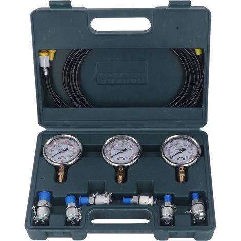 Kit de test de pression hydraulique portable : 3 manomètres, 6 raccords, 3 flexibles, boîtier de test pour équipements industriels. (1/5)