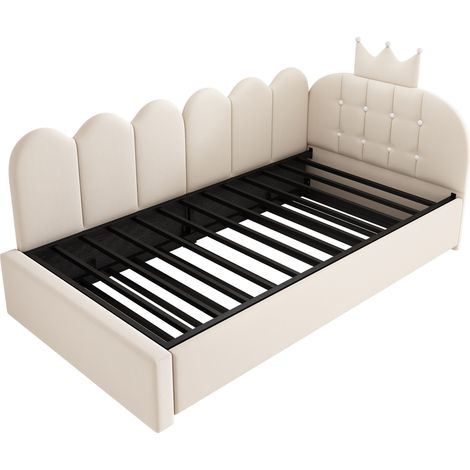 Lit de jour avec lit gigogne 90 x 200 cm en velours beige, design couronne (1/5)