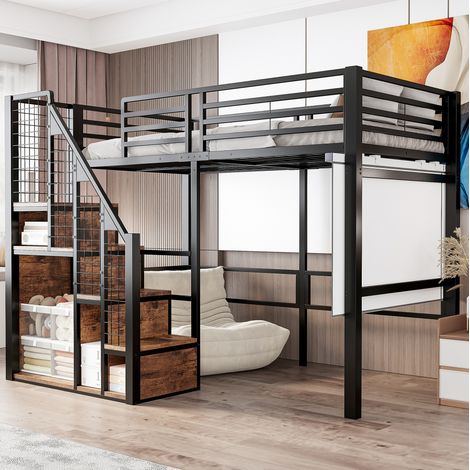 Hochbett 90x200 cm Schwarz aus Metall mit Stauraum, Leiter und hoher Umrandung (1/5)