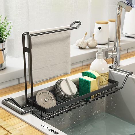 Organisateur d'évier extensible, porte-serviettes en acier inoxydable, porte-éponges et porte-torchons pour un rangement optimal de l'évier