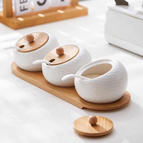 Pot À Épices - Céramique Et Bambou - 3 Récipients Avec Couvercles - Plateau De Service Inclus - Lot De 1 (1/4)