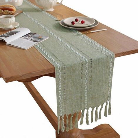 Chemin de table vert sauge à rayures tissées avec pompon, convient pour table à manger, décoration de table de mariage,33 x 183 cm (1/4)