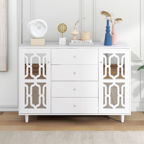 Comanlai - Buffet Enfilade Blanc Miroir 147 cm - Meuble de Rangement Salon et Salle à Manger Poignées Cristal (1/5)