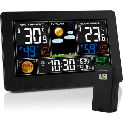 Thermomètre Station météo sans fil, écran LCD couleur, prévisions météo avec capteur extérieur, jauge d'humidité numérique avec réveil, mode répétition pour la maison, le bureau, le jardin (1/5)